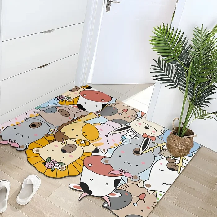 Estilo Infantil Tapete PVC Antideslizante con Patrón de Animales Alfombra de Área Multicolor para Entrada – Amarillo 140 x 180 cm