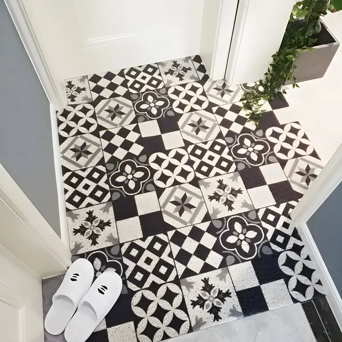 Estilo Marroquí Alfombra de Área PVC con Patrón de Azulejos Tapete Multicolor Lavable a Máquina para Corredor – Negro-blanco 100 x 120 cm