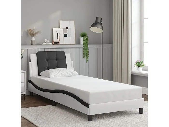 Estructura cama cabecero cuero sintético blanco negro 90×200 cm