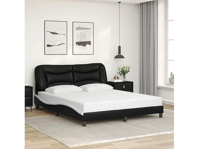Estructura cama cabecero cuero sintético negro blanco 160x200cm