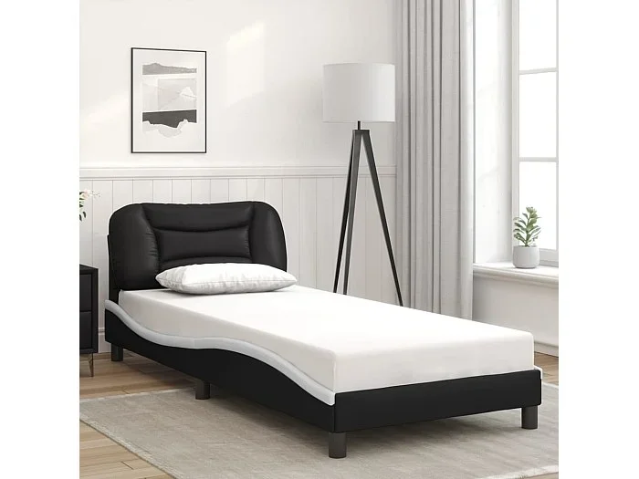 Estructura cama cabecero cuero sintético negro blanco 90×200 cm