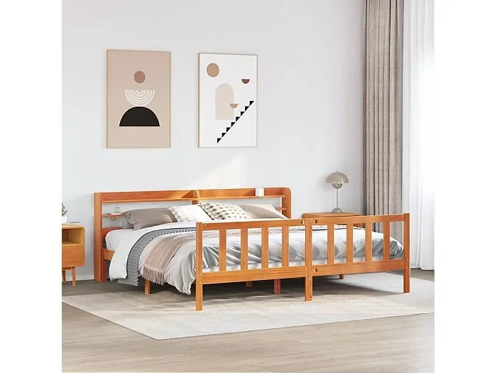 Estructura cama con cabecero madera pino marrón cera 200×200 cm