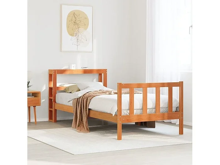 Estructura cama con cabecero madera pino marrón cera 90×200 cm