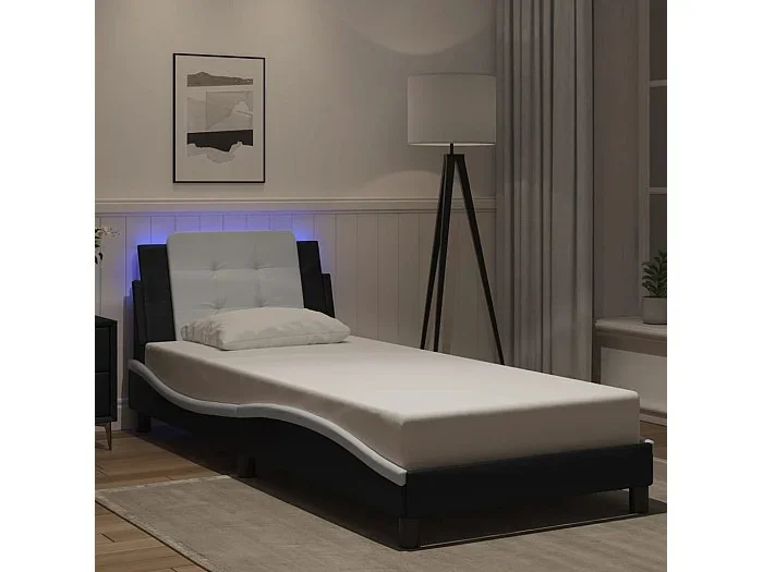 Estructura cama con LED cuero sintético negro blanco 80×200 cm