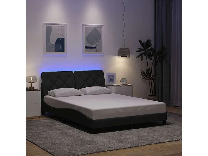 Estructura cama con LED sin colchón tela gris oscuro 140×190 cm