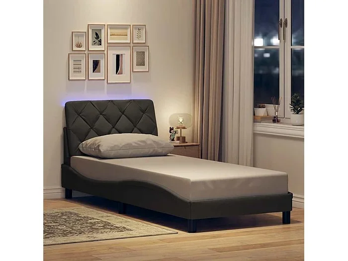 Estructura cama con LED sin colchón tela gris oscuro 90×200 cm