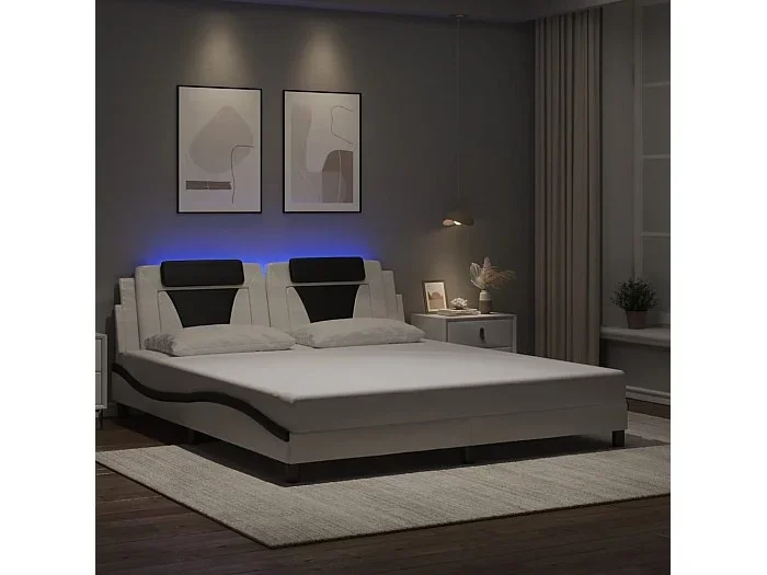 Estructura cama con luces LED cuero PE blanco negro 180×200 cm