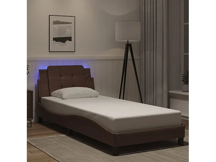Estructura cama con luces LED cuero sintético marrón 90×200 cm