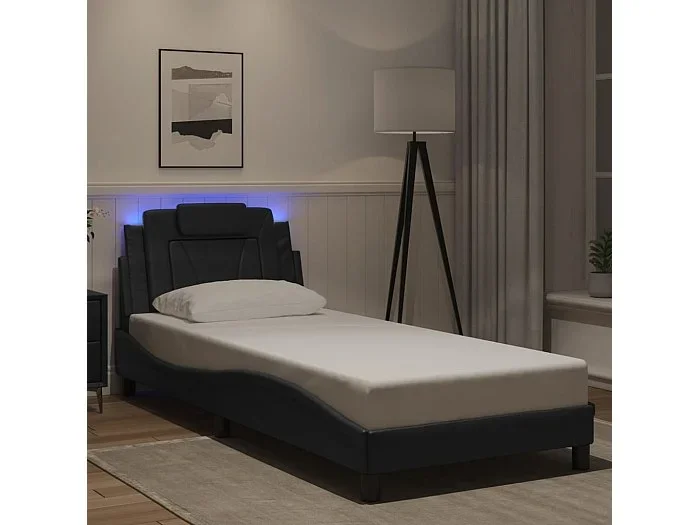 Estructura cama con luces LED cuero sintético negro 90×190 cm