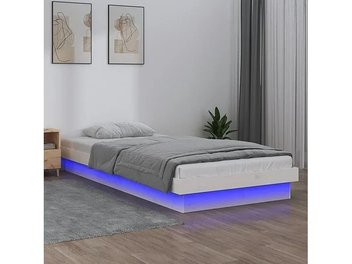 Estructura cama individual LED sin colchón madera maciza blanco