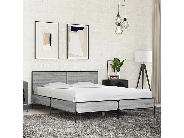Estructura cama madera ingeniería metal gris Sonoma 150×200 cm