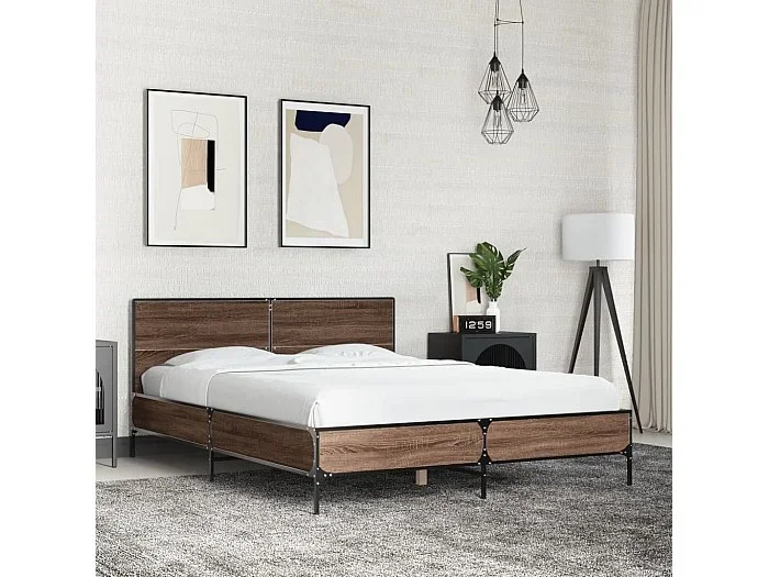 Estructura cama madera ingeniería metal marrón roble 120×190 cm