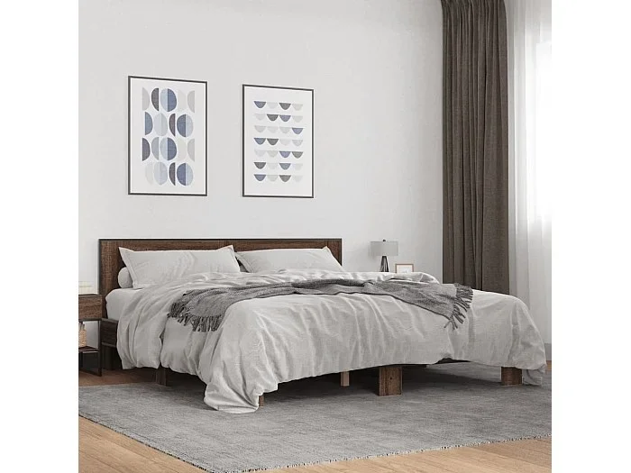 Estructura cama madera ingeniería metal marrón roble 200×200 cm