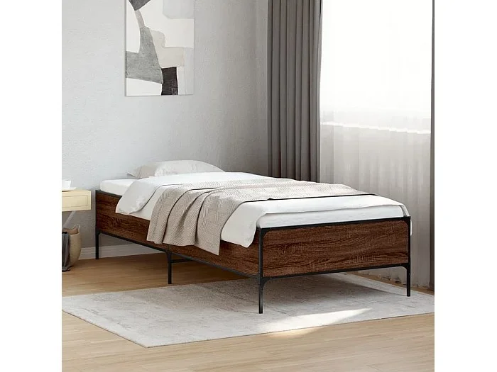 Estructura cama madera ingeniería metal roble marrón 75×190 cm