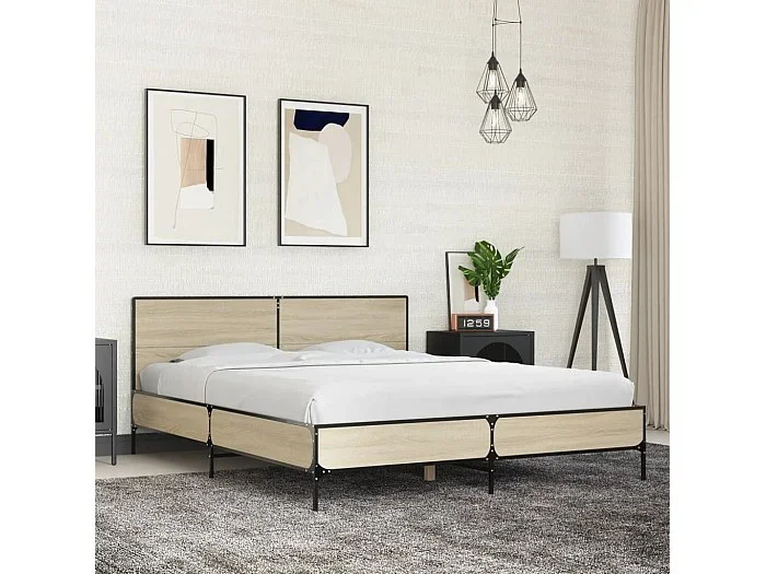 Estructura cama madera ingeniería metal roble Sonoma 150×200 cm