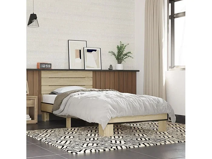 Estructura cama madera ingeniería metal roble Sonoma 90×200 cm
