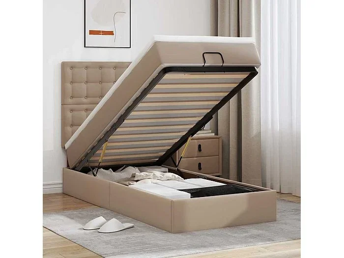 Estructura cama otomana colchón cappucino cuero sintético