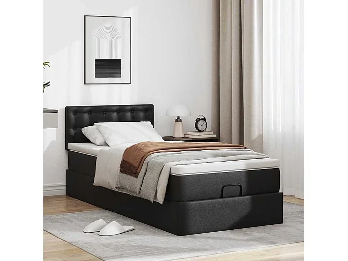 Estructura cama otomana colchón cuero sintético negro 90×200 cm