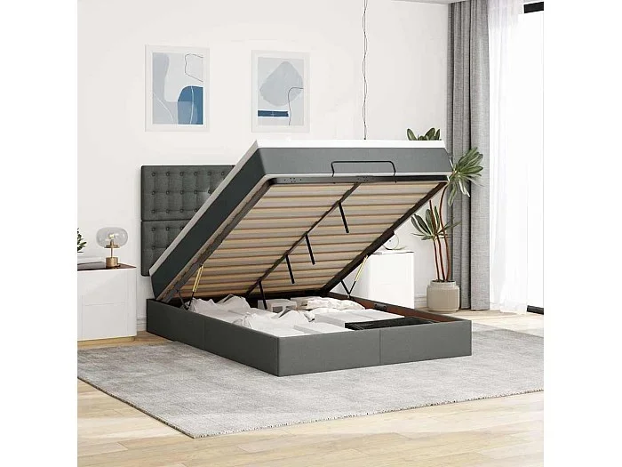 Estructura cama otomana colchón tela gris oscuro 140x190cm