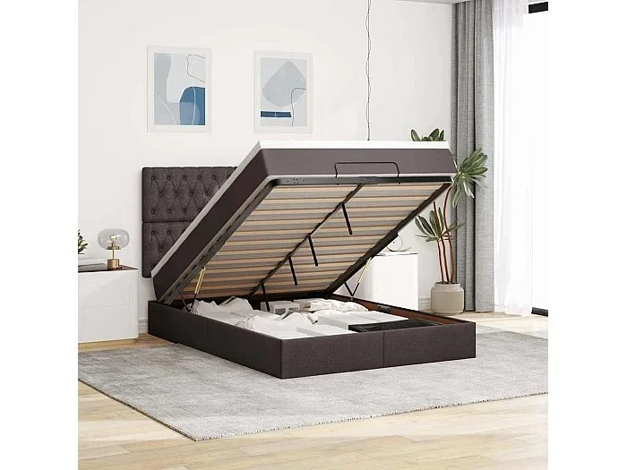 Estructura cama otomana colchón tela marrón oscuro 140x200cm