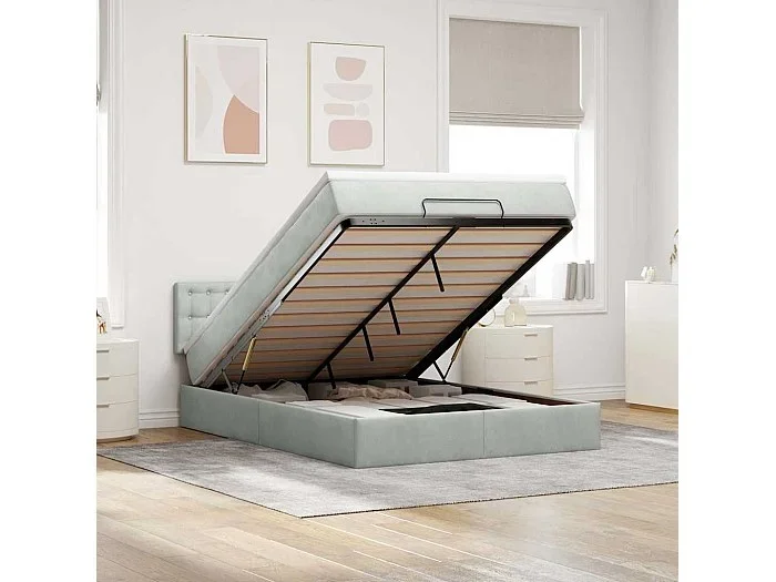 Estructura cama otomana colchón terciopelo gris claro 140x190cm