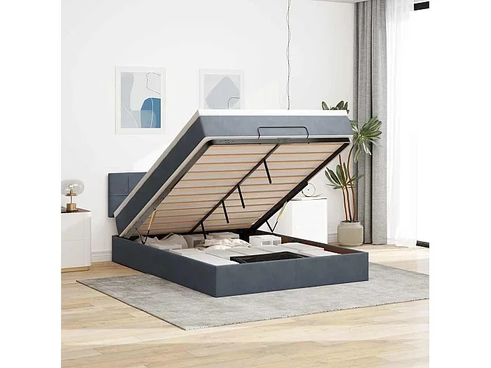 Estructura cama otomana colchón terciopelo gris oscuro