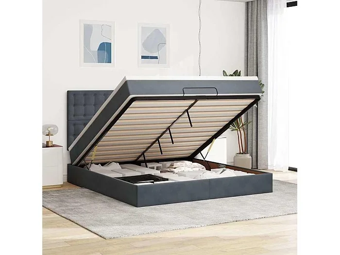 Estructura cama otomana colchones terciopelo gris oscuro