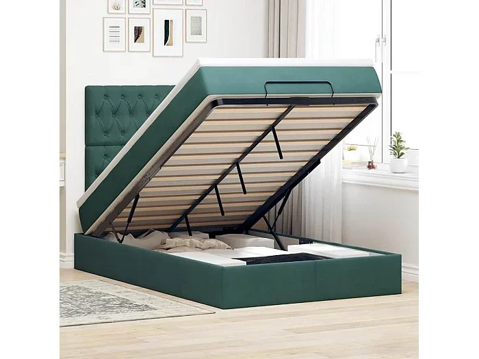 Estructura cama otomana colchones terciopelo verde oscuro