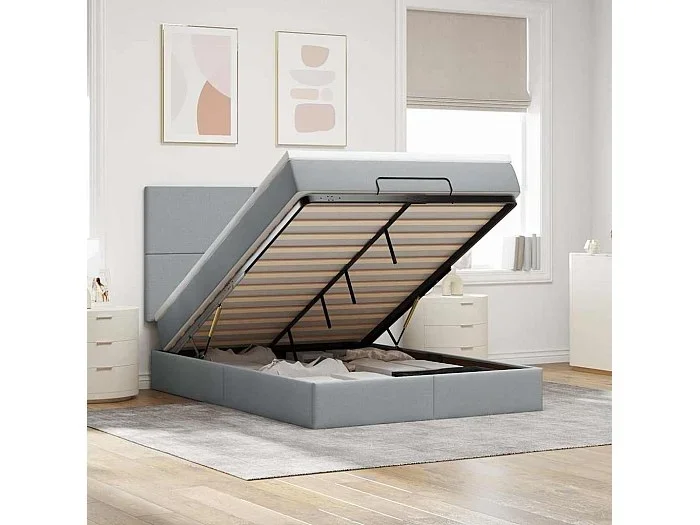 Estructura cama otomana con colchón tela gris claro 140×190 cm
