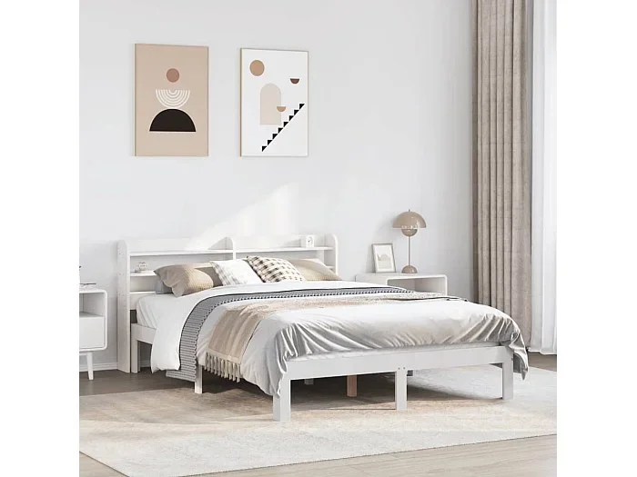 Estructura de cama con cabecero madera pino blanco 160×200 cm