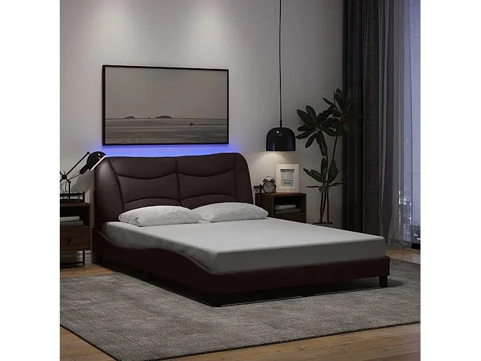 Estructura de cama con luces LED tela marrón oscuro 140×190 cm