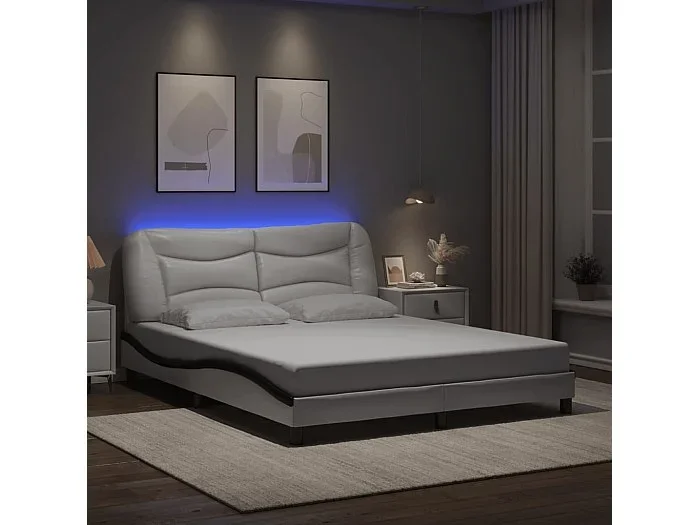 Estructura de cama con luz LED cuero PE blanco negro 160×200 cm