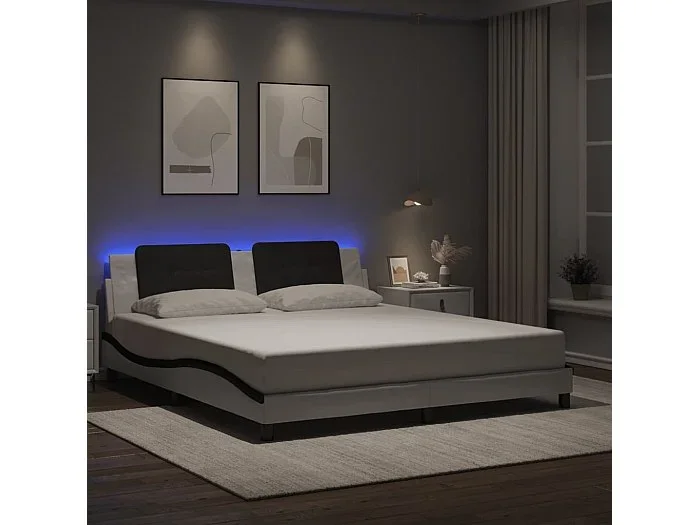 Estructura de cama con luz LED cuero PE blanco negro 180×200 cm