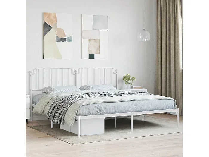 Estructura de cama de metal con cabecero blanco 193×203 cm