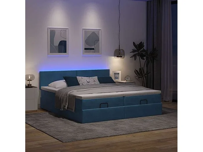 Estructura de cama otomana colchones terciopelo azul oscuro