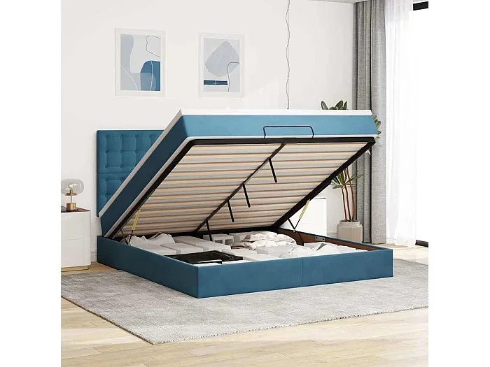Estructura de cama otomana colchones terciopelo azul oscuro