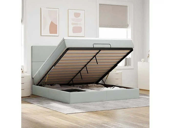 Estructura de cama otomana colchones terciopelo gris claro