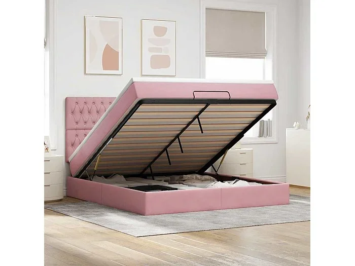 Estructura de cama otomana colchones terciopelo rosa 160x200cm