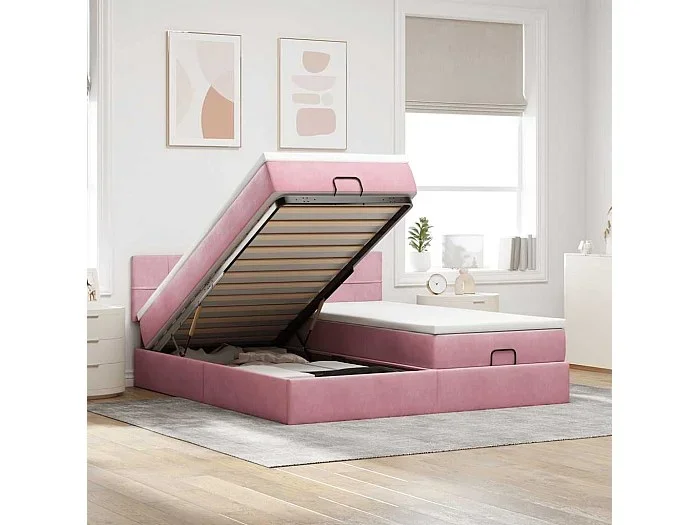 Estructura de cama otomana colchones terciopelo rosa 180x200cm