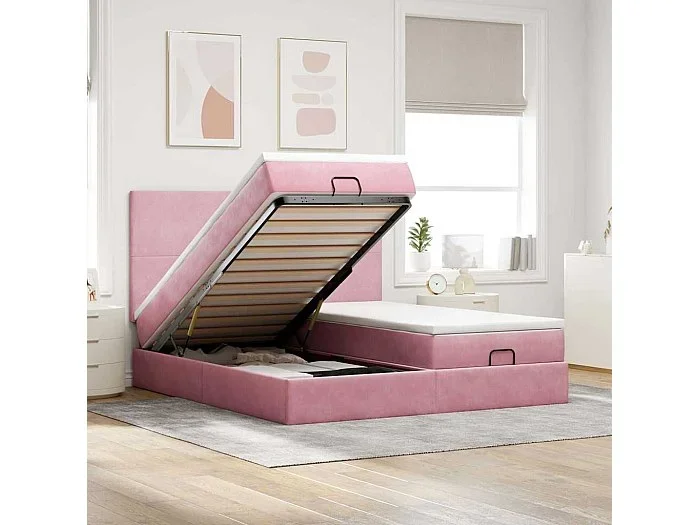 Estructura de cama otomana colchones terciopelo rosa 180x200cm