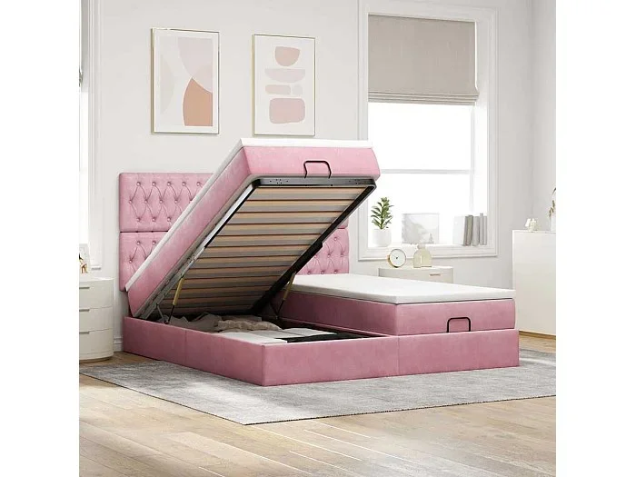 Estructura de cama otomana colchones terciopelo rosa 200x200cm
