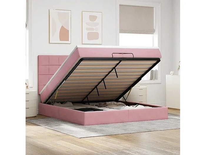 Estructura de cama otomana colchones terciopelo rosa 200x200cm