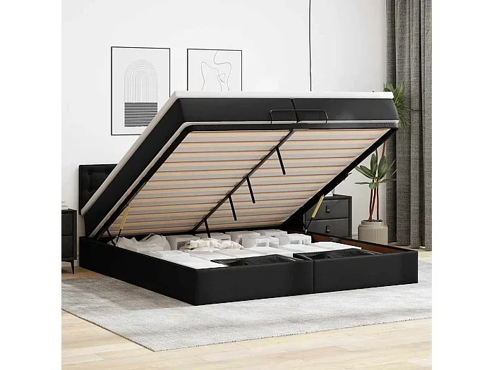 Estructura de cama otomana con colchón cuero sintético negro