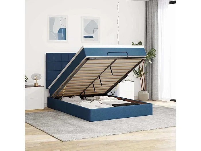 Estructura de cama otomana con colchón tela azul 140x190cm