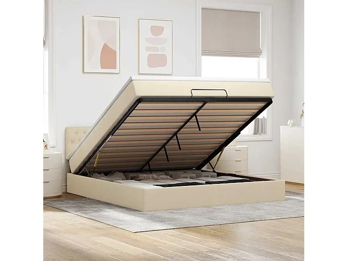 Estructura de cama otomana con colchón tela crema 160x200cm
