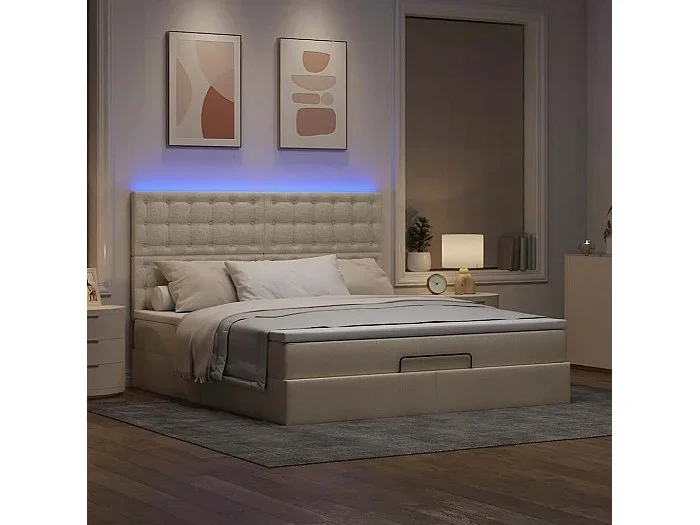 Estructura de cama otomana con colchón tela crema 180x200cm