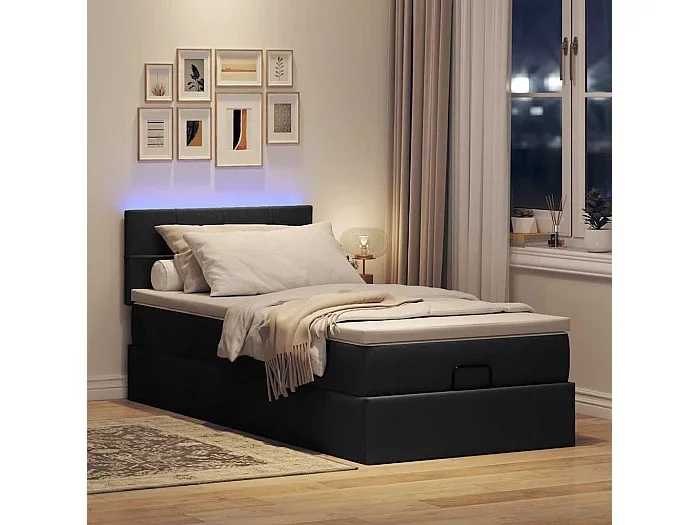 Estructura de cama otomana con colchón tela negra 80x200cm