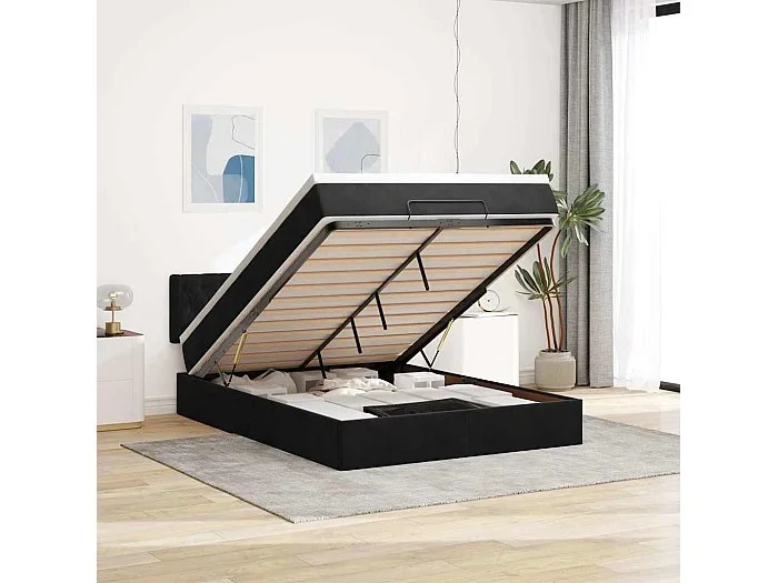 Estructura de cama otomana con colchón terciopelo negro