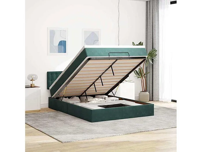 Estructura de cama otomana con colchón verde oscuro 140×200 cm
