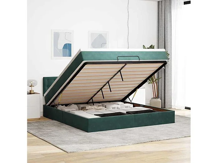 Estructura de cama otomana con colchón verde oscuro 160×200 cm